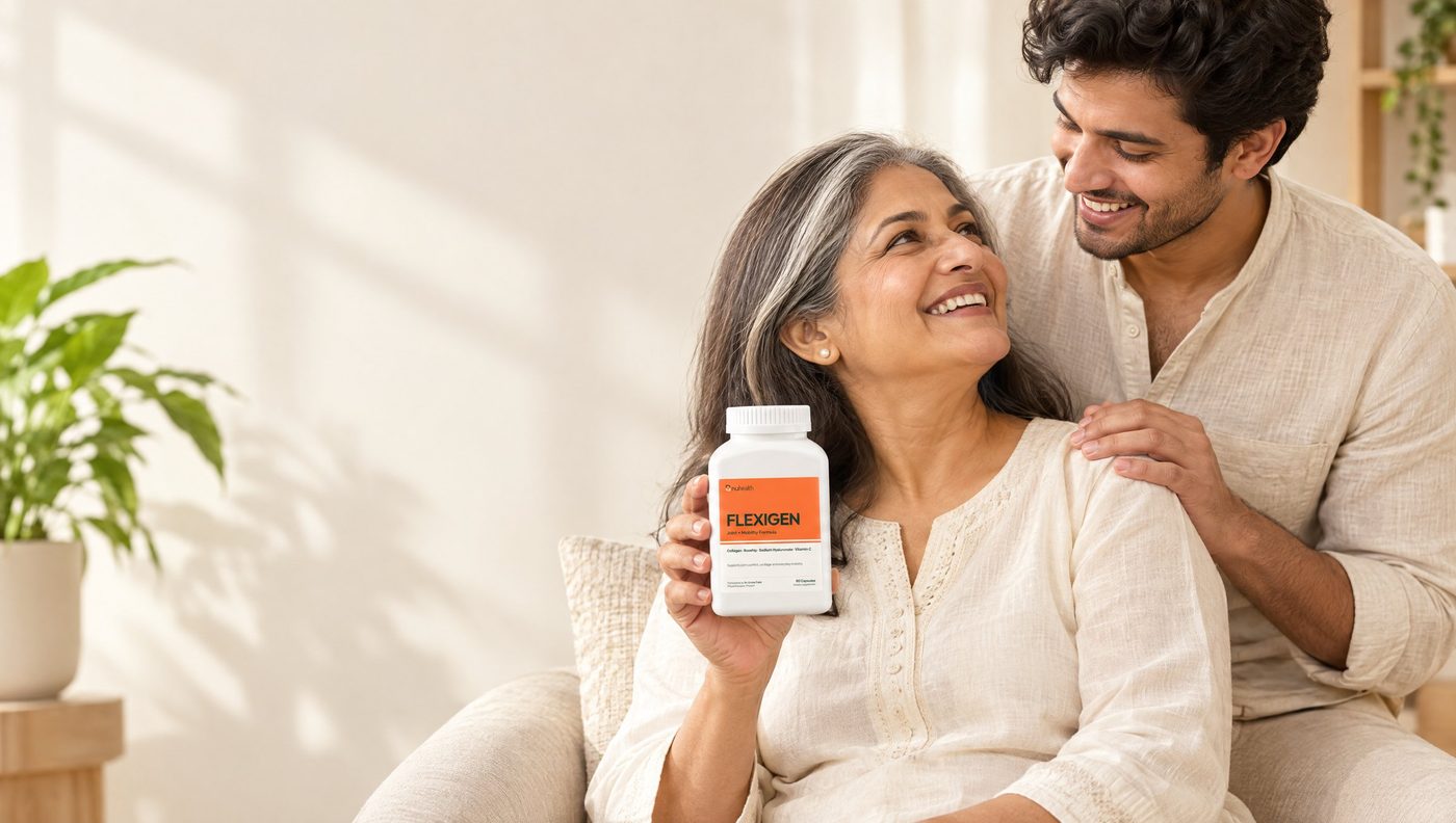 A smiling mother holding a FLEXIGEN jar with her son beside her