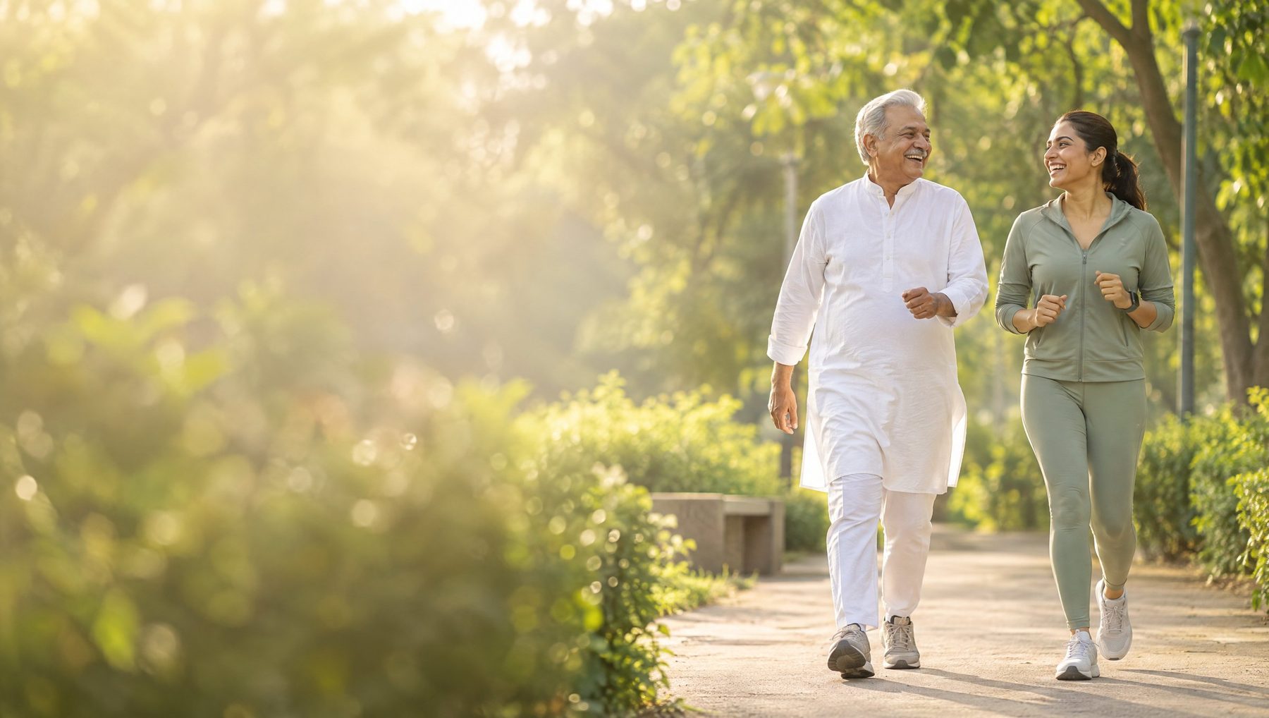A grandfather and his granddaughter walking briskly together in a sunlit park
