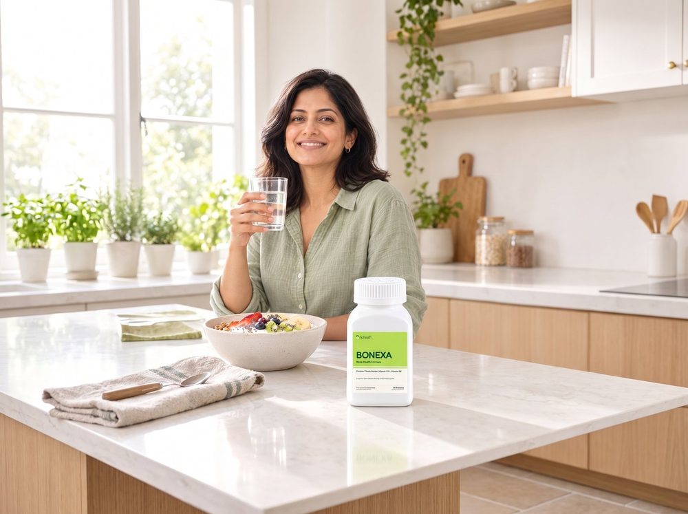 A woman at a bright kitchen counter holding a glass of water, a BONEXA jar in front of her
