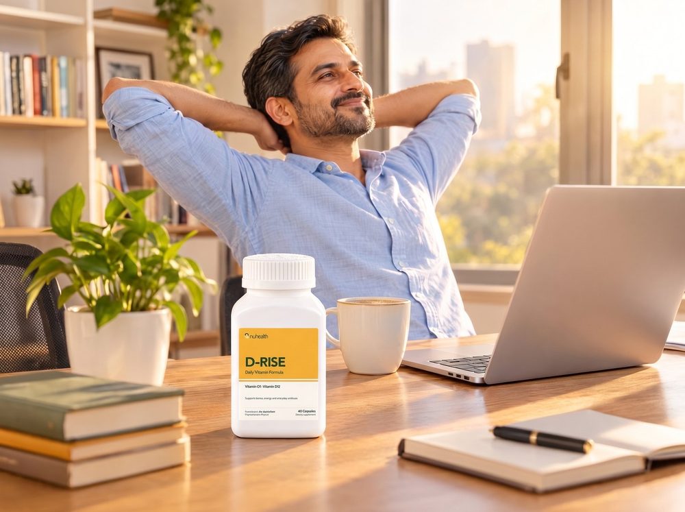 A man stretching at his home desk in morning light, a D-RISE jar in front of him