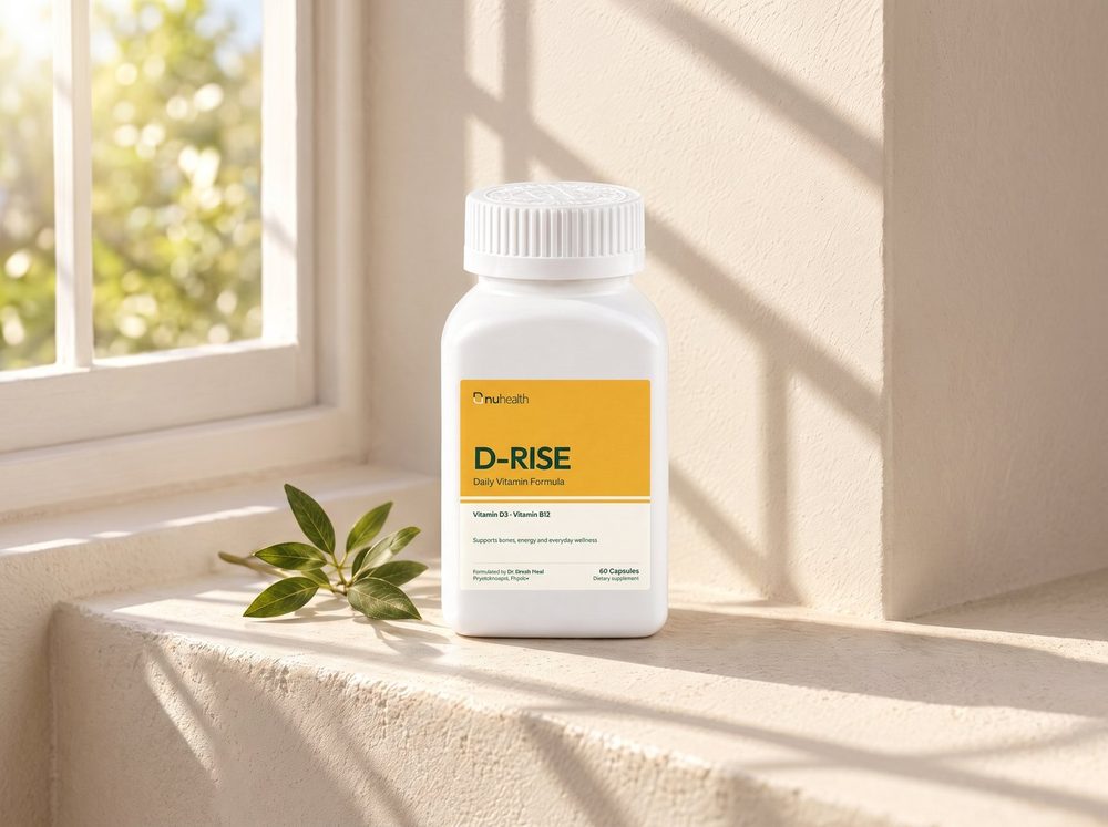 A D-RISE jar on a sunlit windowsill beside a sprig of leaves