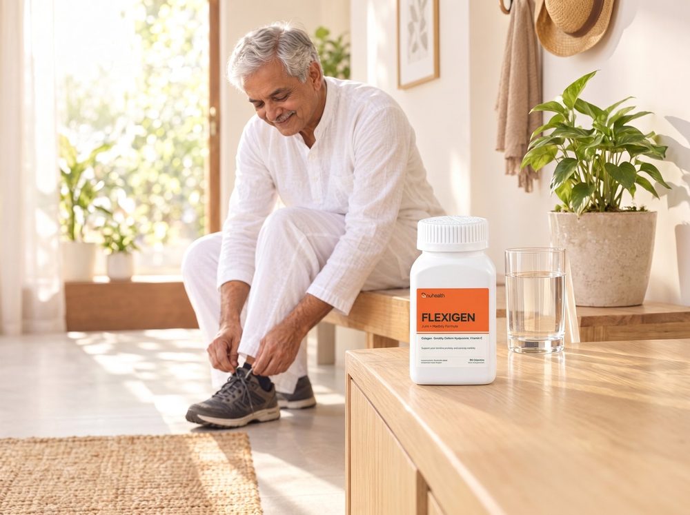 A senior man lacing his walking shoes, a FLEXIGEN jar on the console beside him