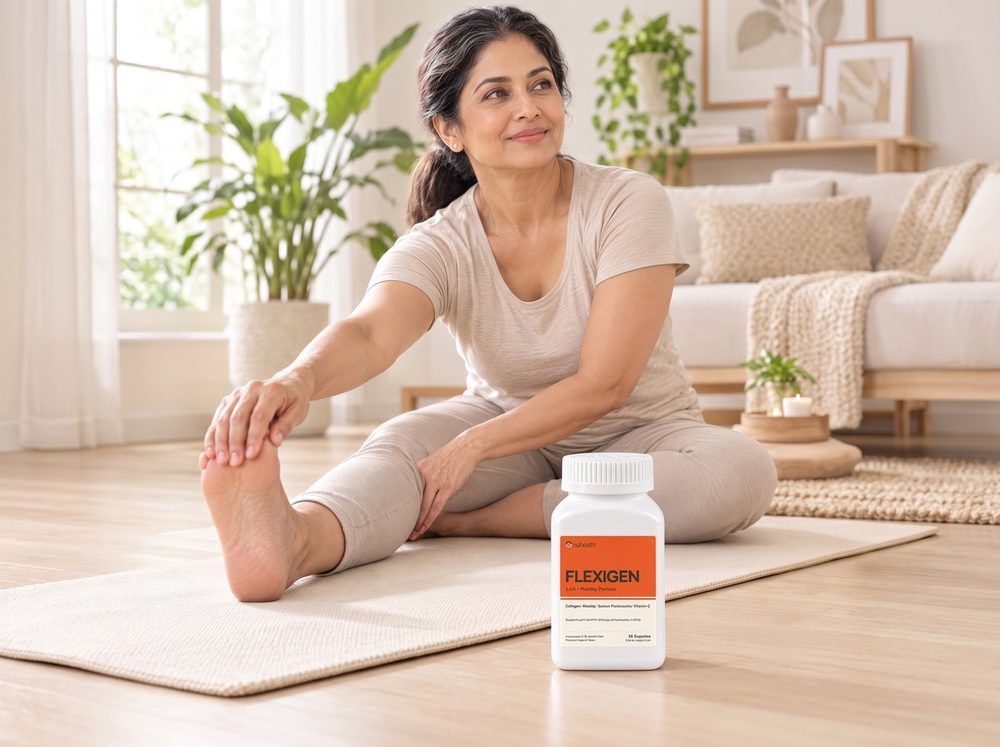A woman in her fifties stretching on a yoga mat with a FLEXIGEN jar nearby
