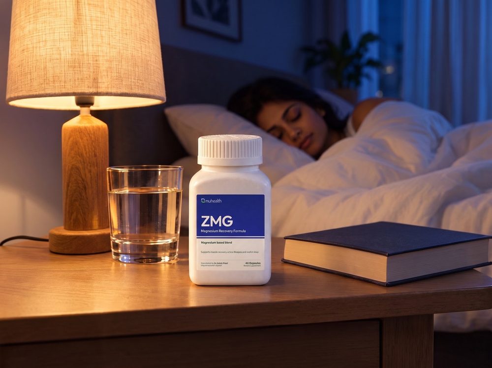 A ZMG jar on a bedside table at night beside a glass of water and a book