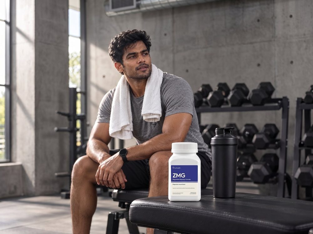 A man resting on a gym bench after training, a ZMG jar beside him